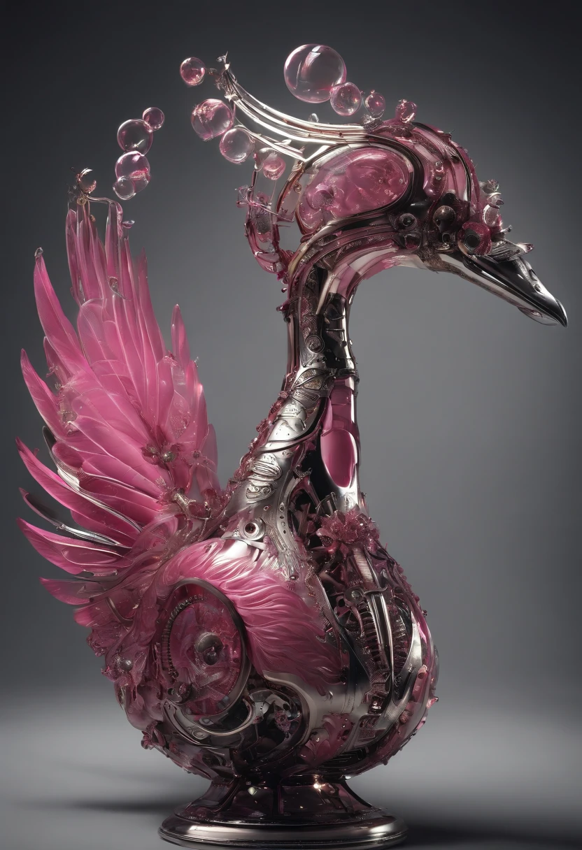 biomechanical of pink swan with mechanical feathers and metal armor, robotic steampunk mechanical body, acrylic bubbles and flowers atmosphere, ferrofluids, water distortions. looking up, highly detailed object, intricate abstract. intricate artwork detailed. beeple. blend of organic and mechanical elements, futuristic, cybernetic, detailed, intricate, dark theme, (in awe:1.2), confident, (surprised:0.7), rich color, realistic rendring object, unreal engine 5