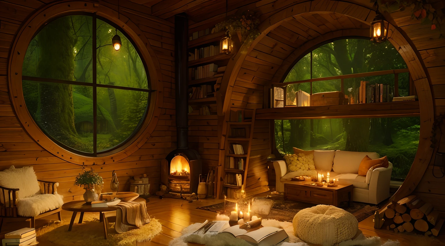 a cozy hobbit room in autumn, cozy autumn cloudy, interior with fireplace, there's a cozy bookshelf full of books, a cozy coffee can and a coffee cup, a pile of firewood