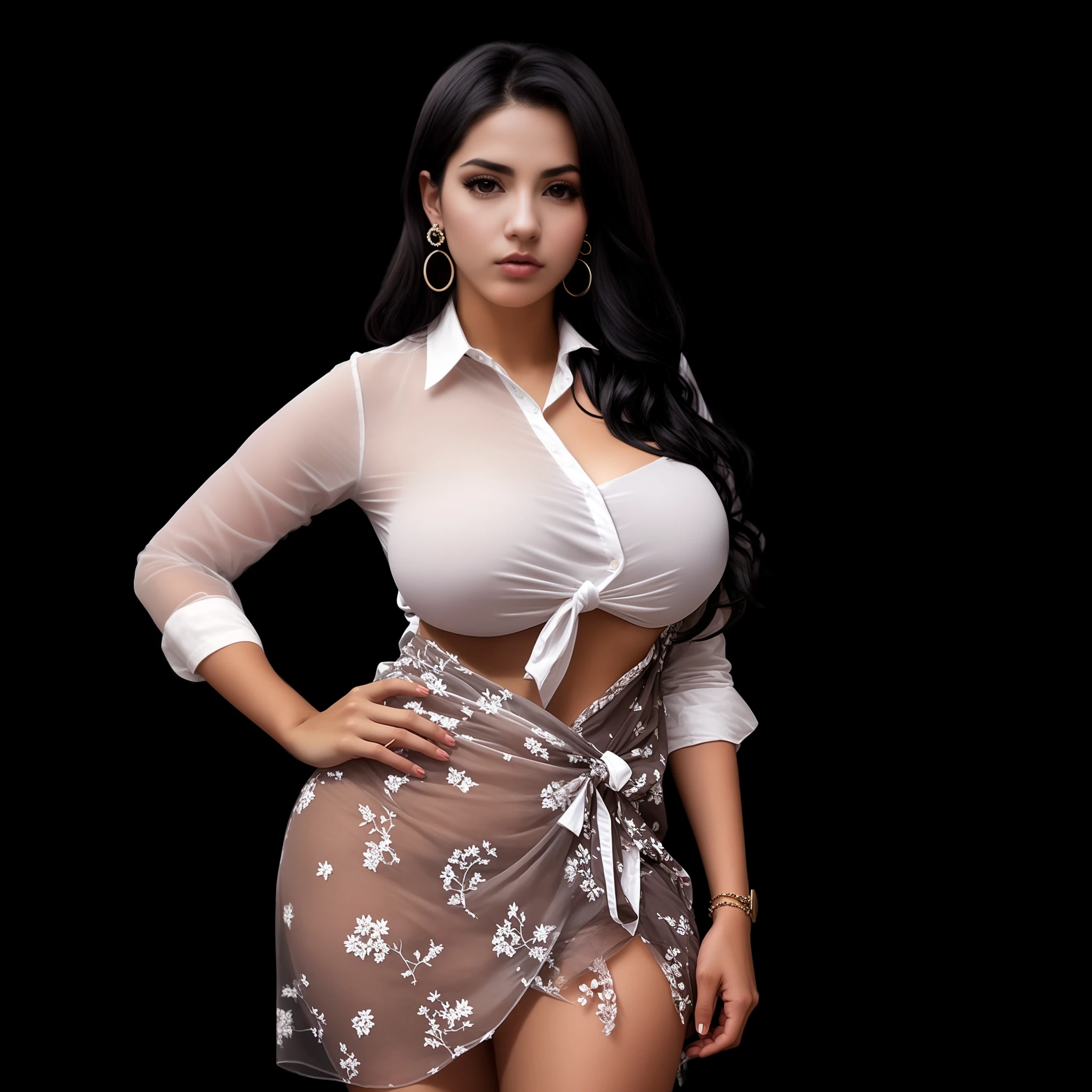 1girl, black_hair, breasts, cleavage, curtains, earrings, front-tie_top, jewelry, large_breasts, lips, looking_at_viewer, shirt, solo, tied_shirt, upper_body, white_shirt