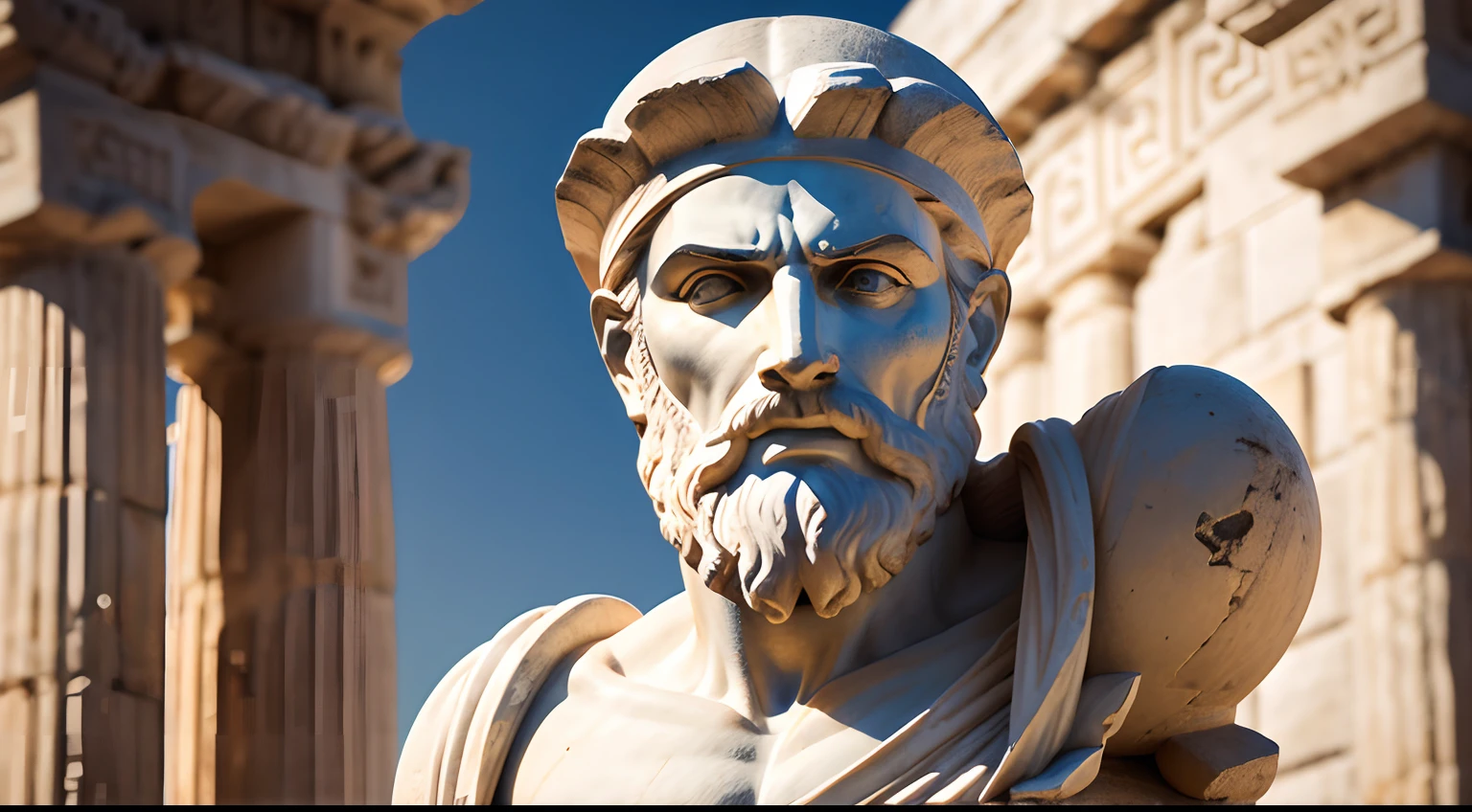 Ancient Greek statue with angry expression, tem barba, Filmado em Sony A7S III com Sony FE 35mm f/1.8, 12.1 MP, --AR 3:2 --estilo cru