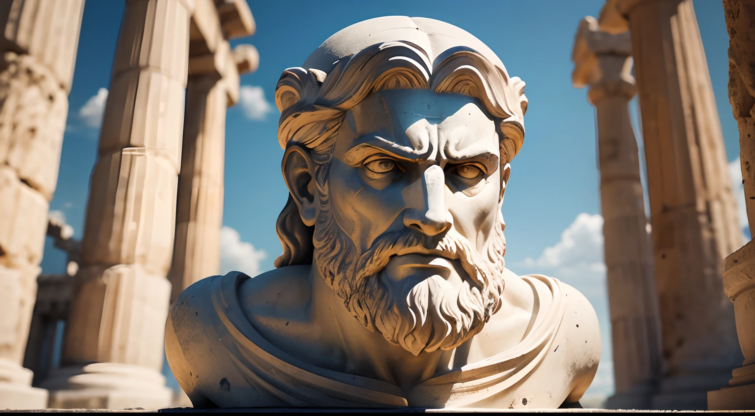 Ancient Greek statue with angry expression, tem barba, Filmado em Sony A7S III com Sony FE 35mm f/1.8, 12.1 MP, --AR 3:2 --estilo cru