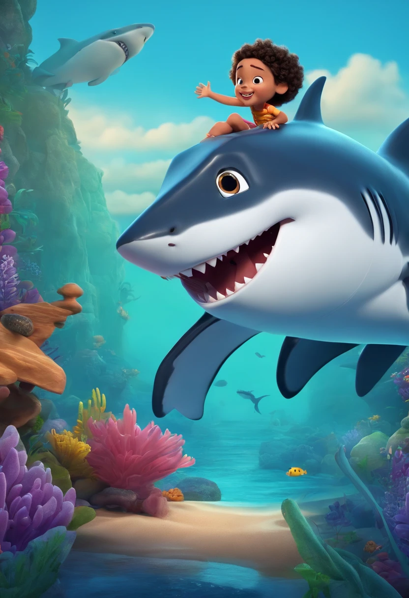 Disney-style 3D animation, SHARKY uma , com um dente de tubarao na mao