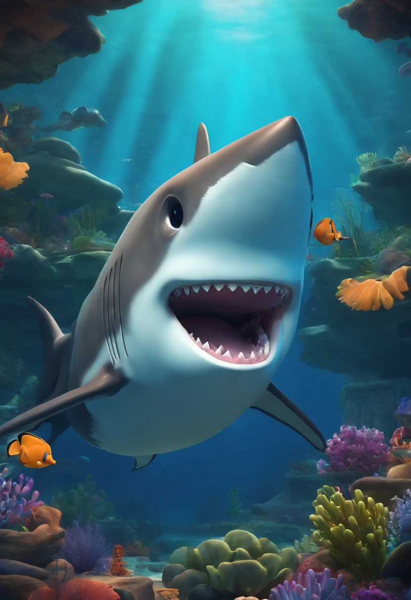Disney-style 3D animation, SHARKY uma menina, com um dente de tubarao na mao