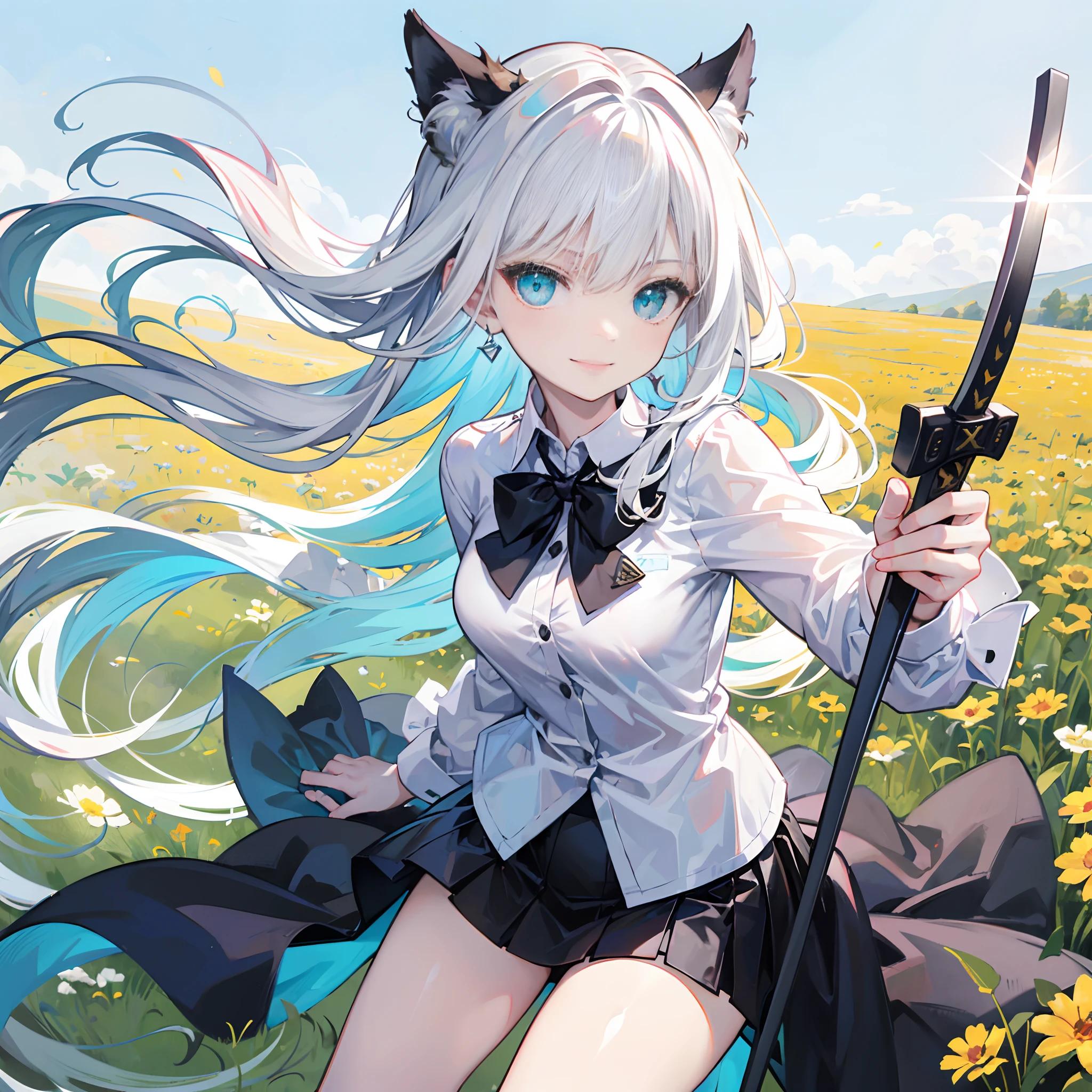 18-year-old white-haired girl, Turquoise eyes, Double tail hair,Two black bow ties... Wear a white shirt with buttons... Black miniskirt...Wielding a sword .In the middle of the field .With a slightly smiling face............