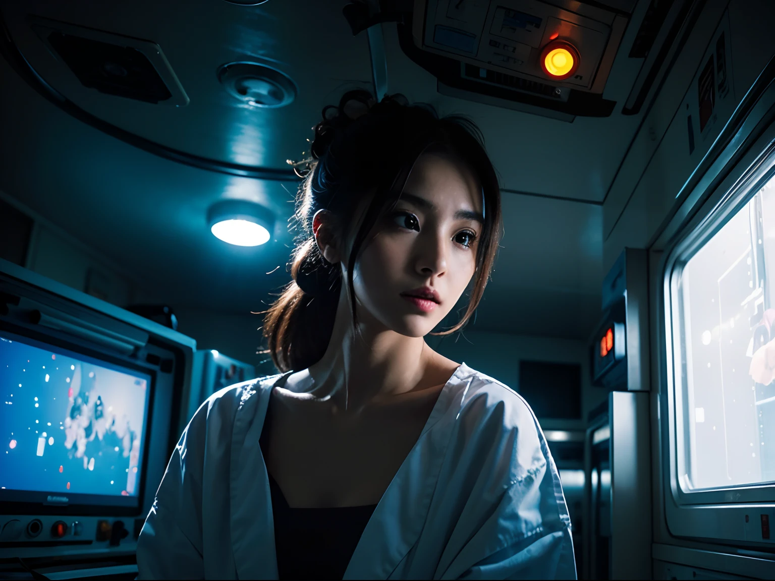 photography, gonzo editorial, gorgeous woman, space station, hospital style