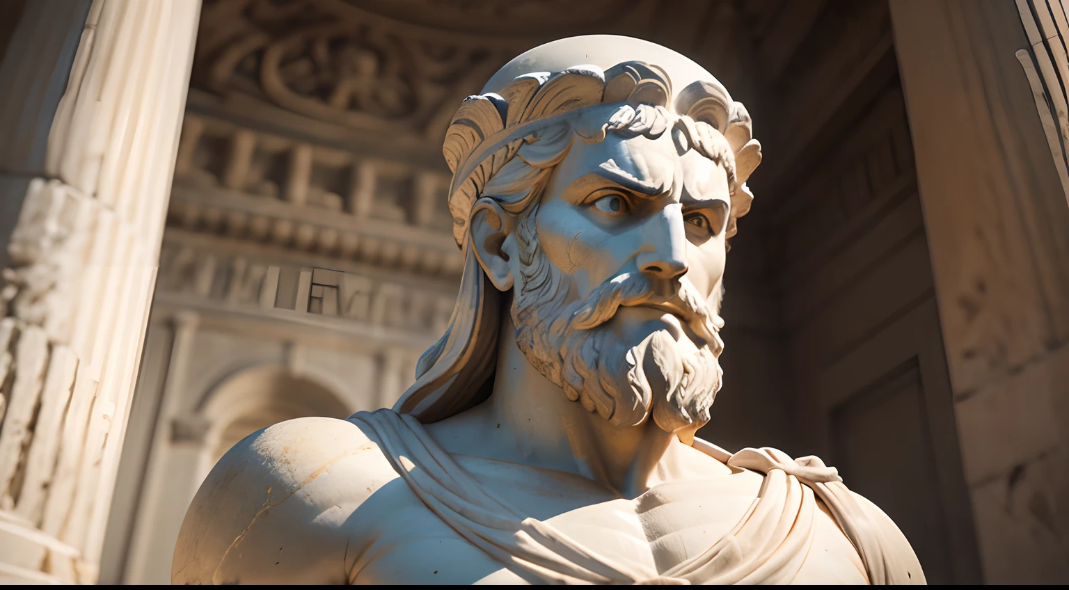 Ancient Greek statue with angry expression, Ambiente escuro, ao ceu aberto, 35 mm, corpo inteiro, lateralmente, com rosto extremamente detalhado, Colors with low saturation with dark tone, Filmado em Sony A7S III com Sony FE 35mm f/1.8, 12.1 MP, --AR 3:2 --estilo cru