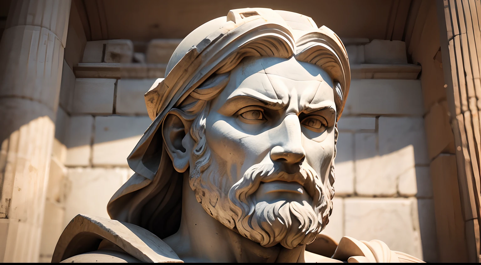 Ancient Greek statue with angry expression, tem barba, Filmado em Sony A7S III com Sony FE 35mm f/1.8, 12.1 MP, --AR 3:2 --estilo cru