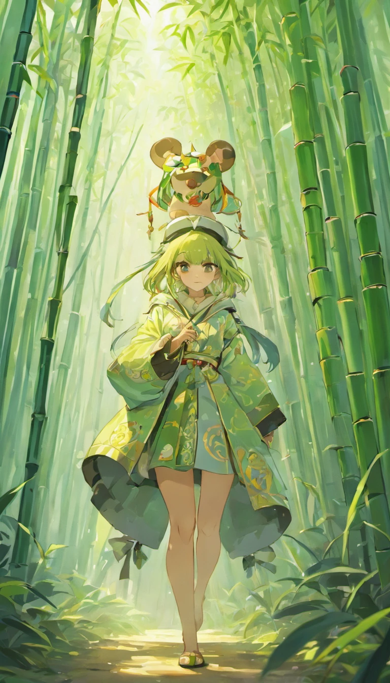 "(best quality,highres,masterpiece:1.2), working ofice ,serene bamboo forest,bamboo leaves gently falling in the wind,beautiful adorable girl with panda customs, wallpaper for mobile "