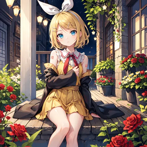 kagamine rin , por rubio 、hair is pulled back、ojos rojos、hermosa chica sola、quimono、una minifalda、garden of bright red roses、sen...