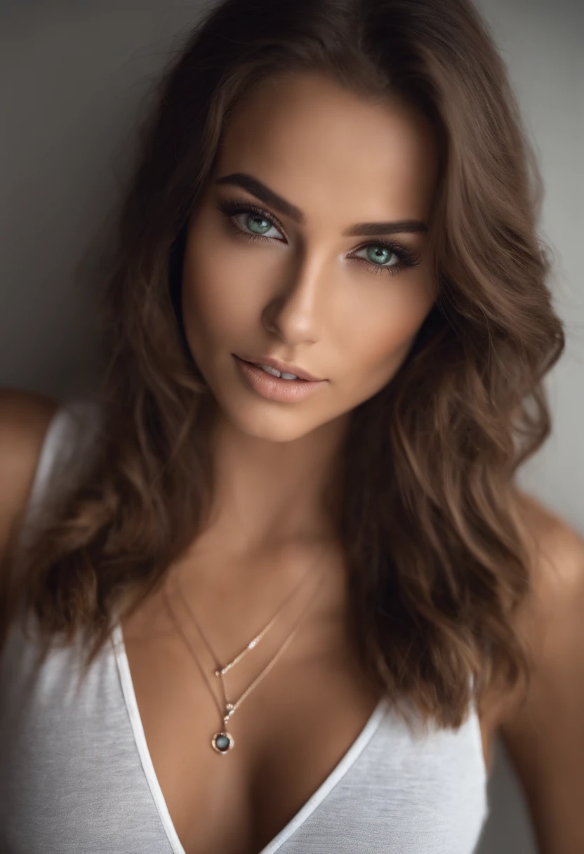 Arafed woman with a white tank top and necklace, fille sexy aux yeux verts, Portrait Sophie Mudd, cheveux bruns et grands yeux, selfie of a young woman, Yeux de chambre, Violet Myers, sans maquillage, maquillage naturel, looking straight at camera, Visage avec Artgram, Maquillage subtil, Superbe photo du corps entier, piercing green eyes, Bel angle, pose attrayante, fille mignonne, sexy pose, Image du corps entier, corps entier, Prise de vue du corps entier, brunette goddess, High detail, pose satisfaite, Pantalon en cuir