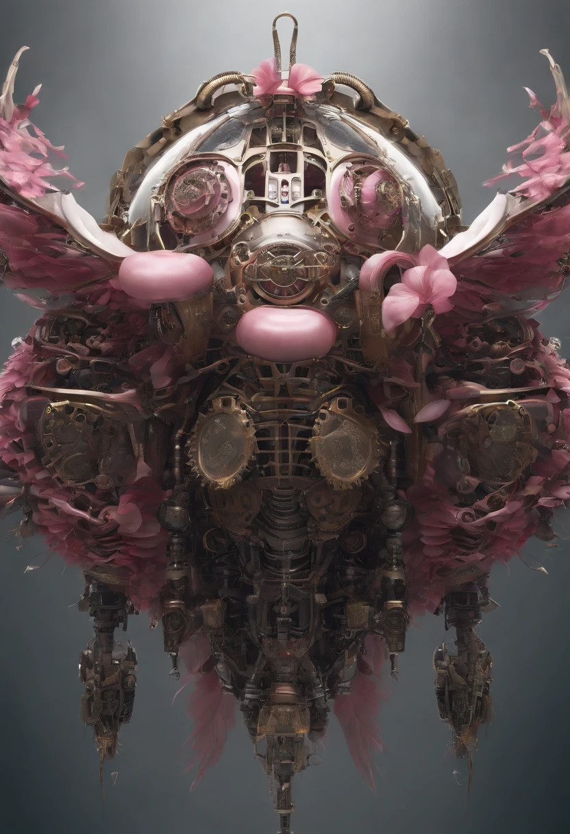 biomechanical of pink swan with mechanical feathers and metal armor, robotic steampunk mechanical swan body, acrylic bubbles and flowers atmosphere, ferrofluids, water distortions. looking up, highly detailed object, intricate abstract. intricate artwork detailed. beeple. blend of organic and mechanical elements, futuristic, cybernetic, detailed, intricate, dark theme, (in awe:1.2), confident, (surprised:0.7), rich color, realistic rendring object, unreal engine 5, full shot