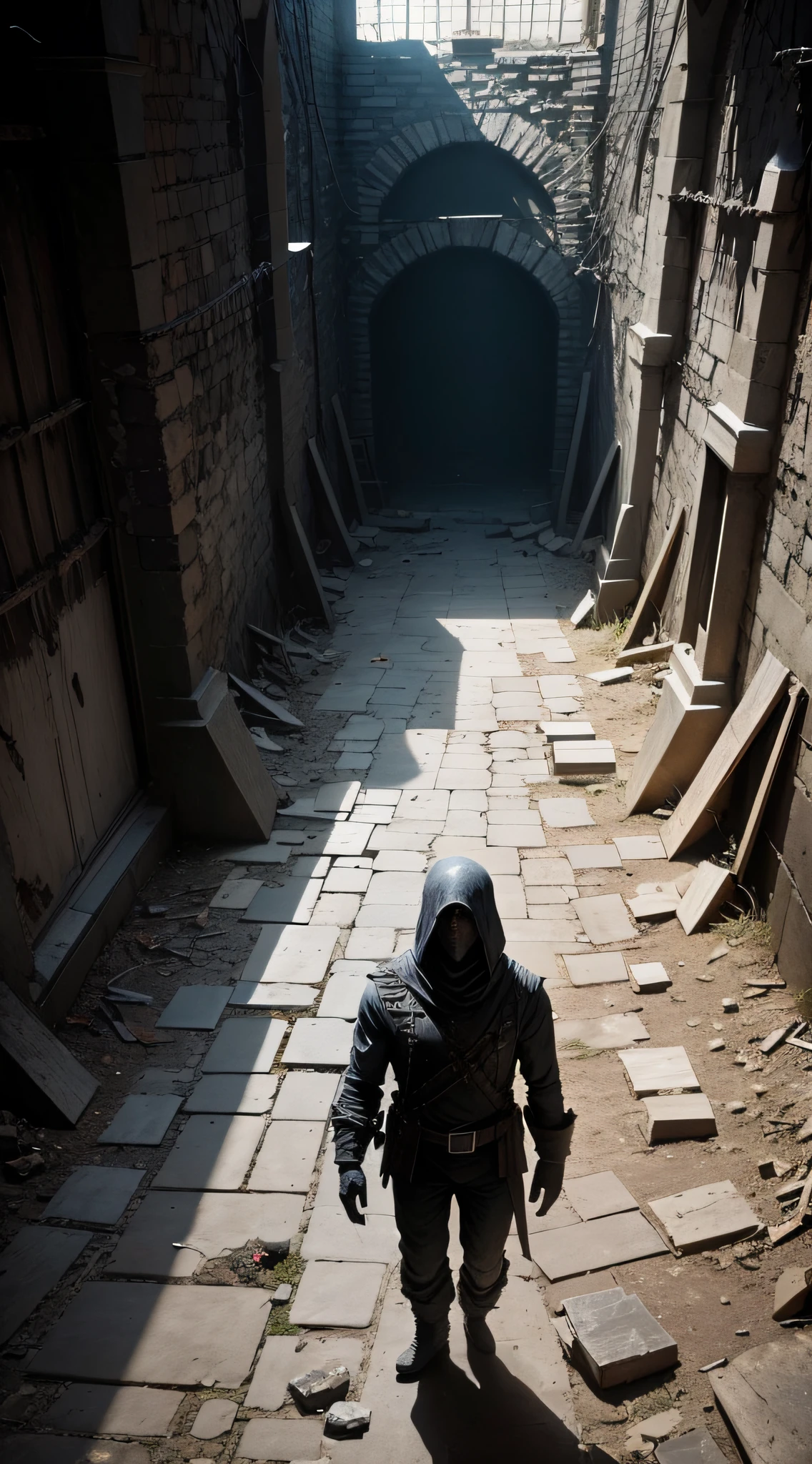 Generate an image that adds a sense of dread to the Eastern State Penitentiary, with spectral very scary horror figures. 9:16 size.
