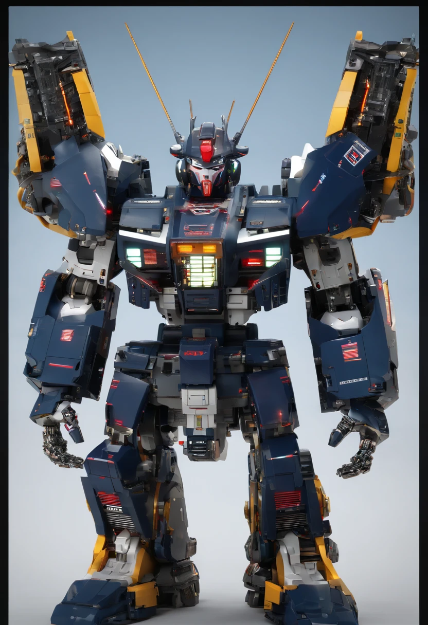 Gundam Mecha , science fiction, Front view, senso de tecnologia, c4d, Renderizador OC, Motor irreal, High detail, desenho industrial, HD 8K, studiolight, Retro Google Ads
