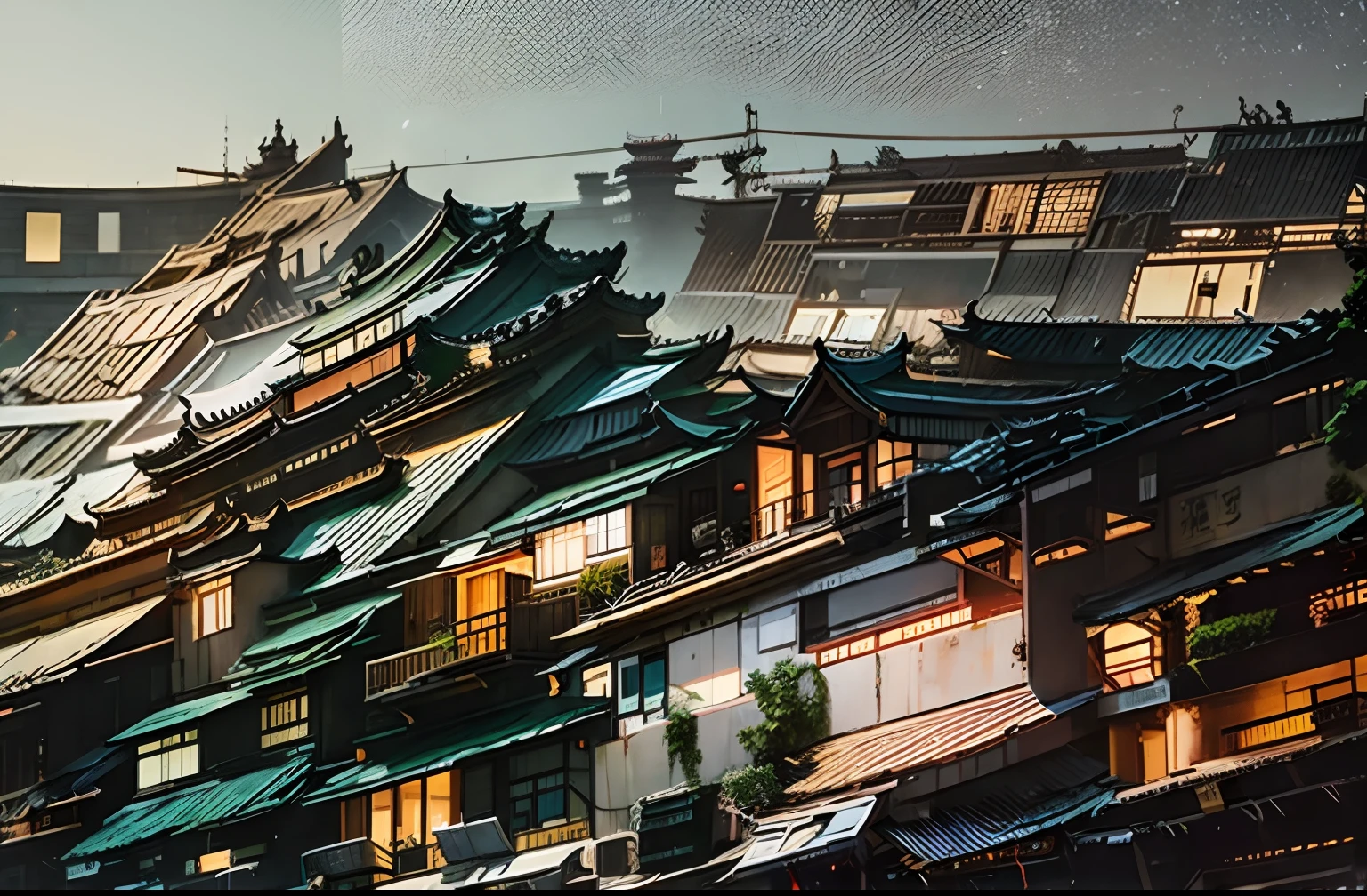 Chinese building eaves railings,abstracted,parallelogram,Geometric architectural exterior,Metal bones and glass windows,High-tech architecture,space station