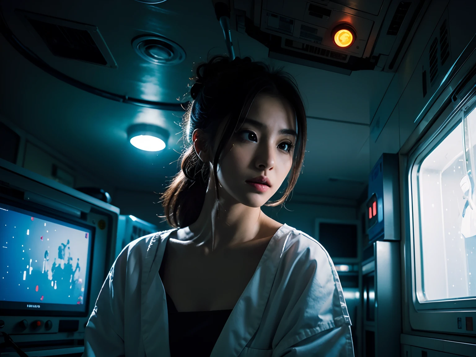 photography, gonzo editorial, gorgeous woman, space station, hospital style