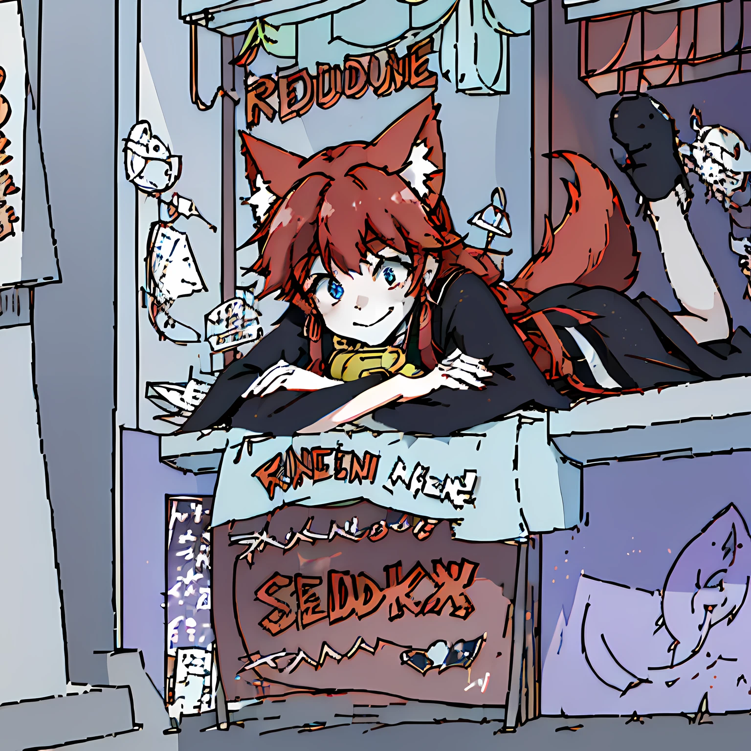 fromt view, (lying on a black sphere), (kitsune woman (red skin), (blue eyes), fox ears (red ears), long hair, inner hair, (red hair), fox tail, (red tail), shy face, light smile, (purple and black clothes), dress whit flounce,