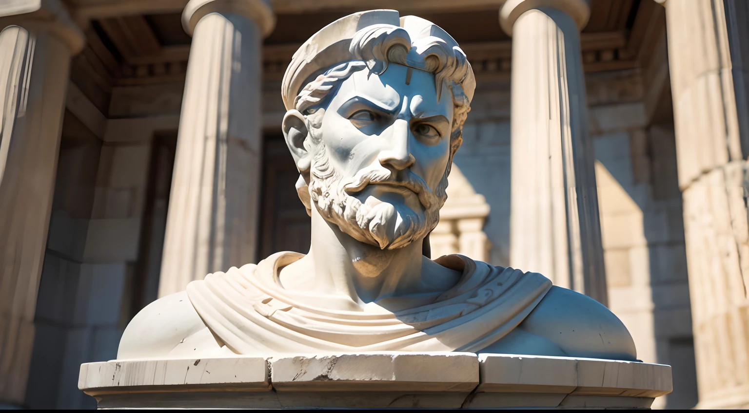 Ancient Greek statue with angry expression, tem barba, Filmado em Sony A7S III com Sony FE 35mm f/1.8, 12.1 MP, --AR 3:2 --estilo cru