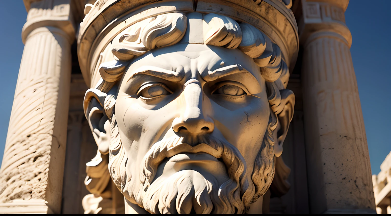 Ancient Greek statue with angry expression, tem barba, Filmado em Sony A7S III com Sony FE 35mm f/1.8, 12.1 MP, --AR 3:2 --estilo cru