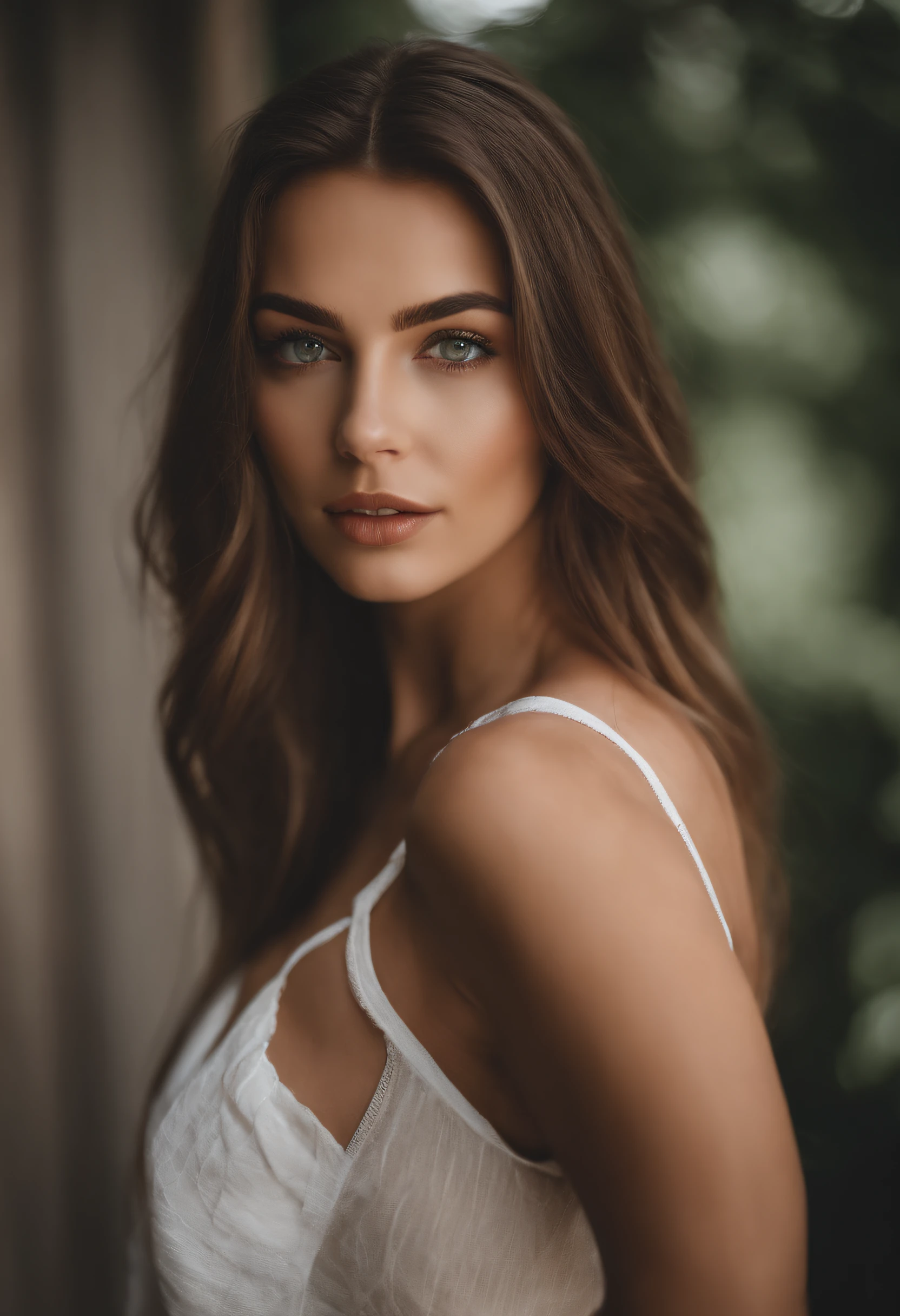 Arafed woman with a white tank top and necklace, fille sexy aux yeux verts, Portrait Sophie Mudd, cheveux bruns et grands yeux, selfie of a young woman, Yeux de chambre, Violet Myers, sans maquillage, maquillage naturel, looking straight at camera, Visage avec Artgram, Maquillage subtil, Superbe photo du corps entier, piercing green eyes, Bel angle, pose attrayante, fille mignonne, sexy pose, Image du corps entier, corps entier, Prise de vue du corps entier, brunette goddess, High detail, pose satisfaite, Pantalon en cuir, VIsage looking at the camera