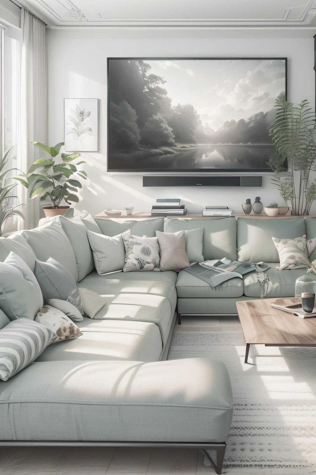 Classy and modern apartment interior, with large corner sofa, on the wall facing the sofa, 1 Large Samsung TV Wall Screen Frame Art - It's the Important Element of the Picture - Beautiful Evening Light, belles plantes majestueuses, noir et blanc, Interior Designer Research Style Pencil Drawing
