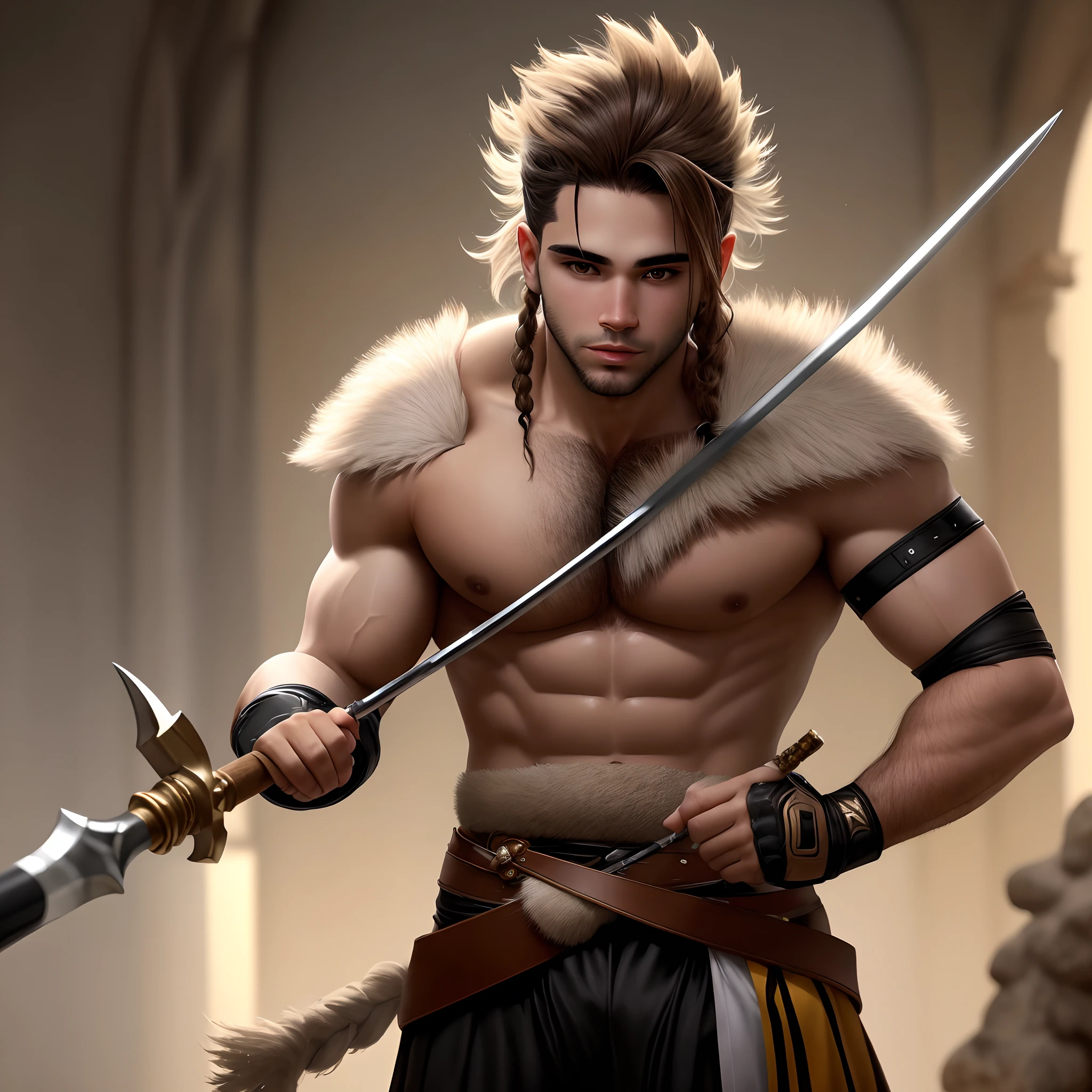 Guerreiro , Using a spear with a shiny tip, humano , cabelos castanhos , usando roupas de couro