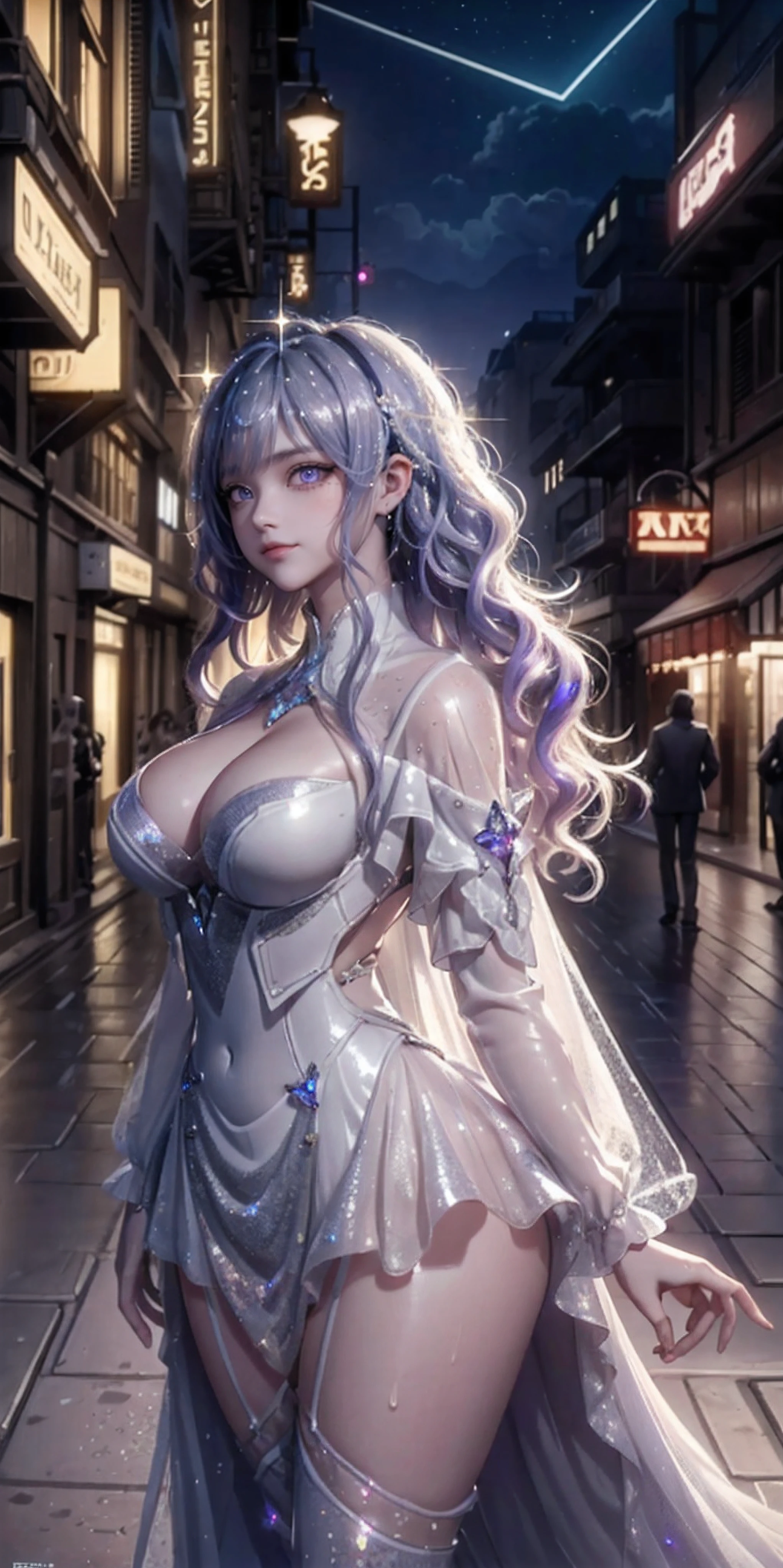 Best quality, masterpiece, ultra high res, (photorealistic:1.4), raw photo, aesthetics and atmosphere, dark shot, film grain, soft focus, bokeh, night shot, masterpiece realistic volumetric light,,1girl, purple eyes, white hair, curly hair, smirk, (freckles:0.8), thigh, medium breasts, upper body, (sparkly:1.3) sequins long cns dress, ray tracing reflection, desert street, path, city lights, incredible sky, relying on the wall, from side,
