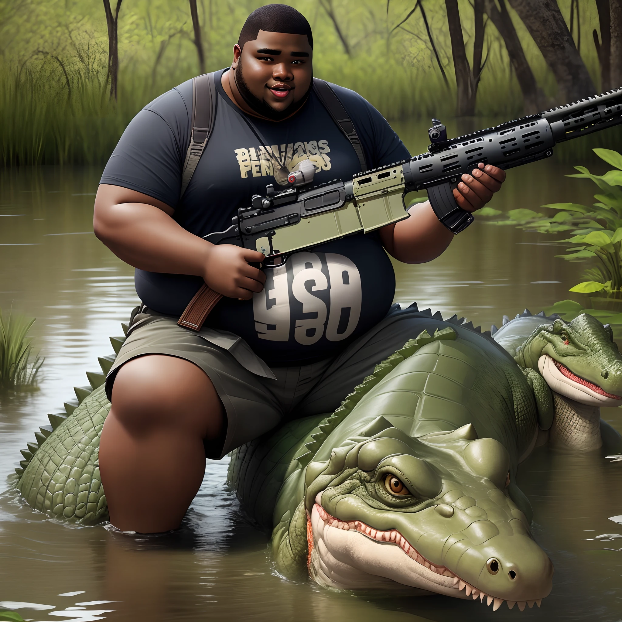 Fat black guy with only cargo camo shorts on firing an ar15 at a crocodile on the swamp and photo taken with the flash on