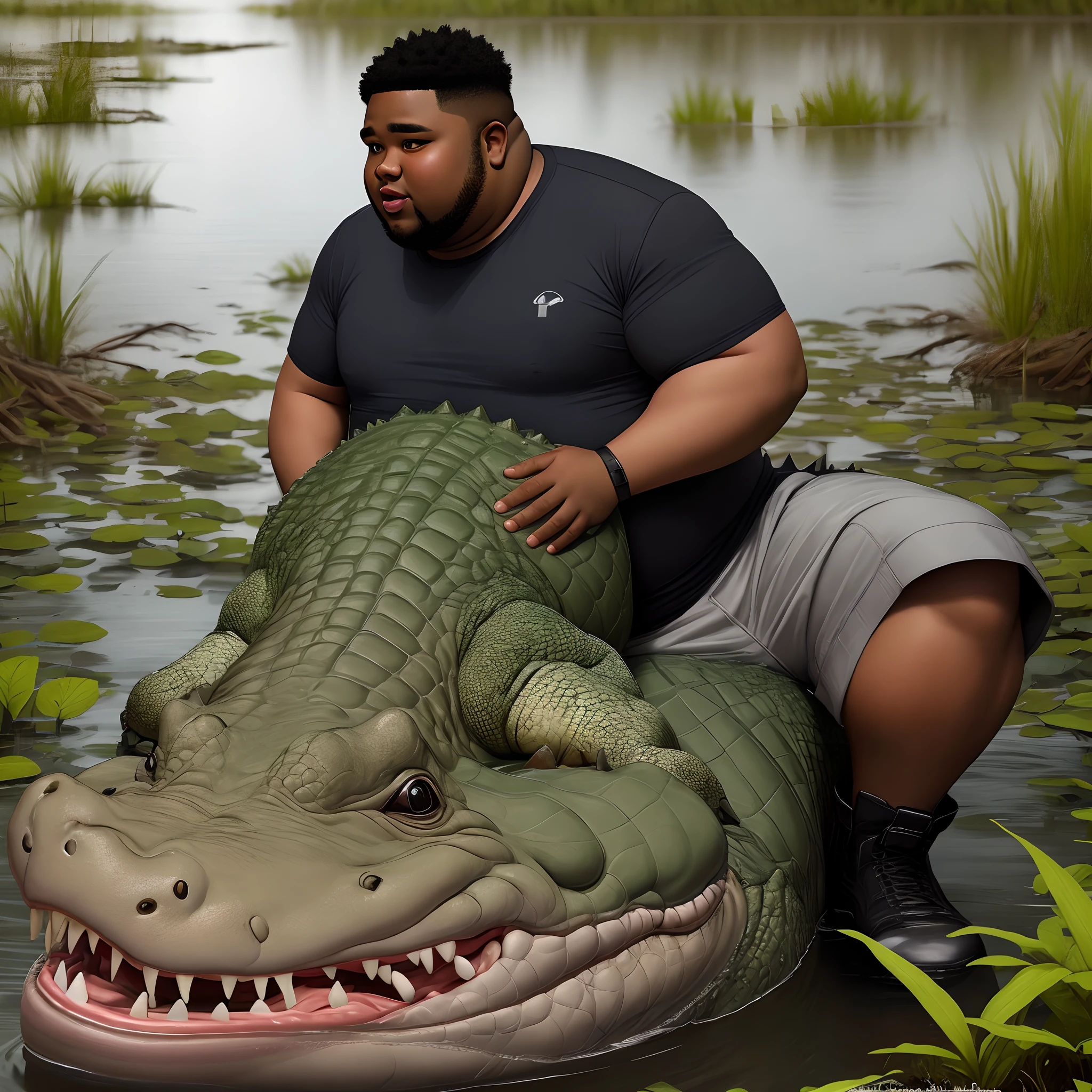 Fat black guy with only cargo camo shorts on firing an ar15 at a crocodile on the swamp and photo taken with the flash on