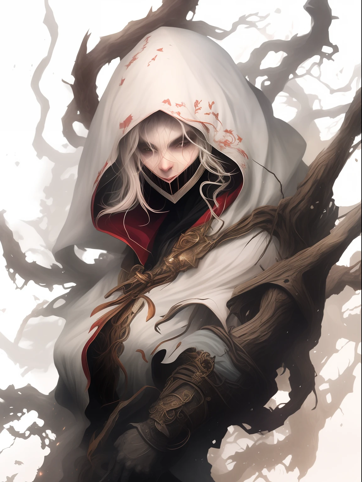 A closeup of a hooded person holding a tree, female moon knight, veneno, Guilherme H. Pongiluppi, arte detalhada assustadora em cores, Wraith com capuz escuro, Krenz Cushart e Artgerm, Artgerm Craig Mullins, pele branca assustadora, quadrinhos artgerm, simbionte, O Ceifador como um Assustador