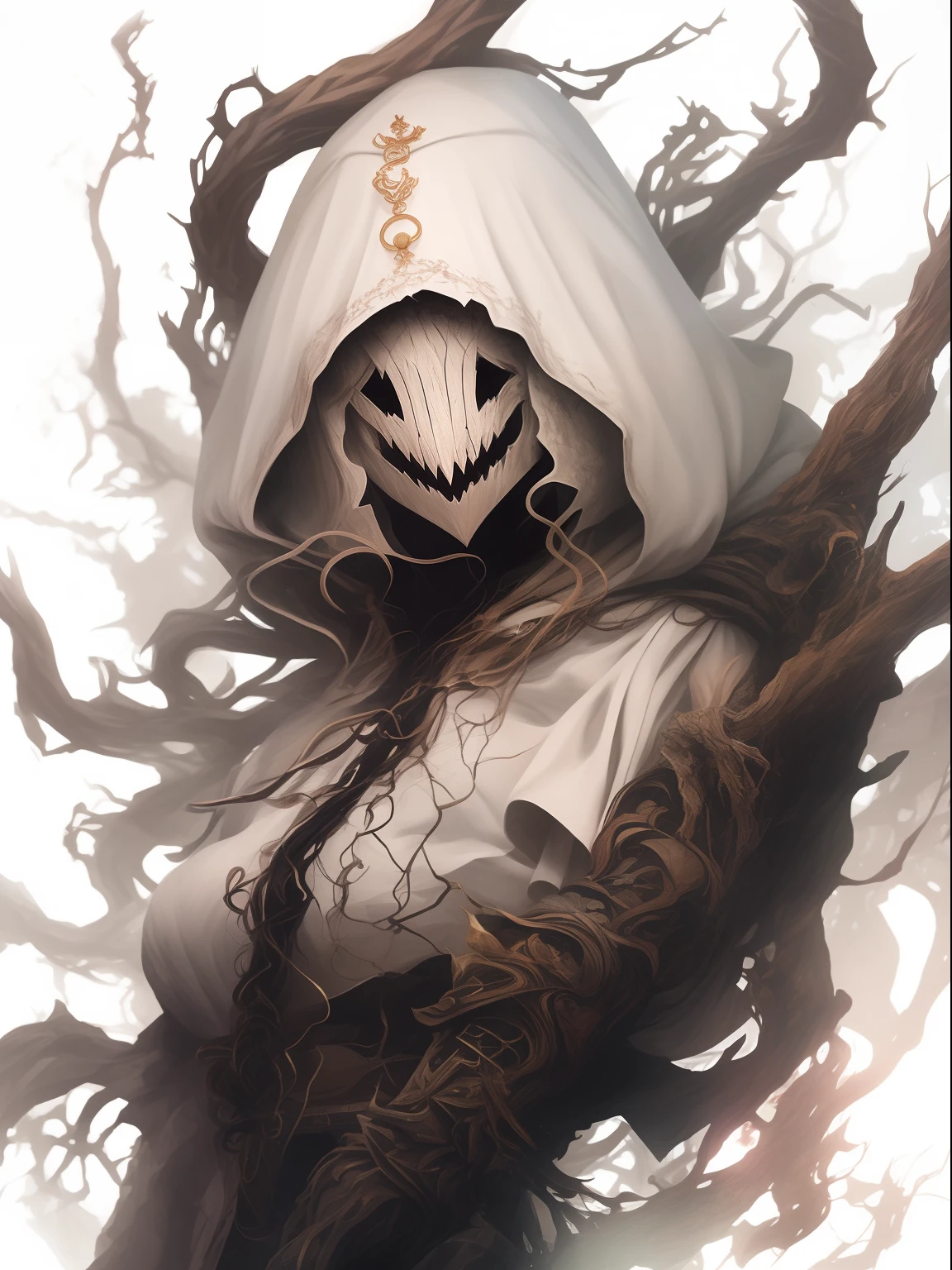 A closeup of a hooded person holding a tree, female moon knight, veneno, Guilherme H. Pongiluppi, arte detalhada assustadora em cores, Wraith com capuz escuro, Krenz Cushart e Artgerm, Artgerm Craig Mullins, pele branca assustadora, quadrinhos artgerm, simbionte, O Ceifador como um Assustador