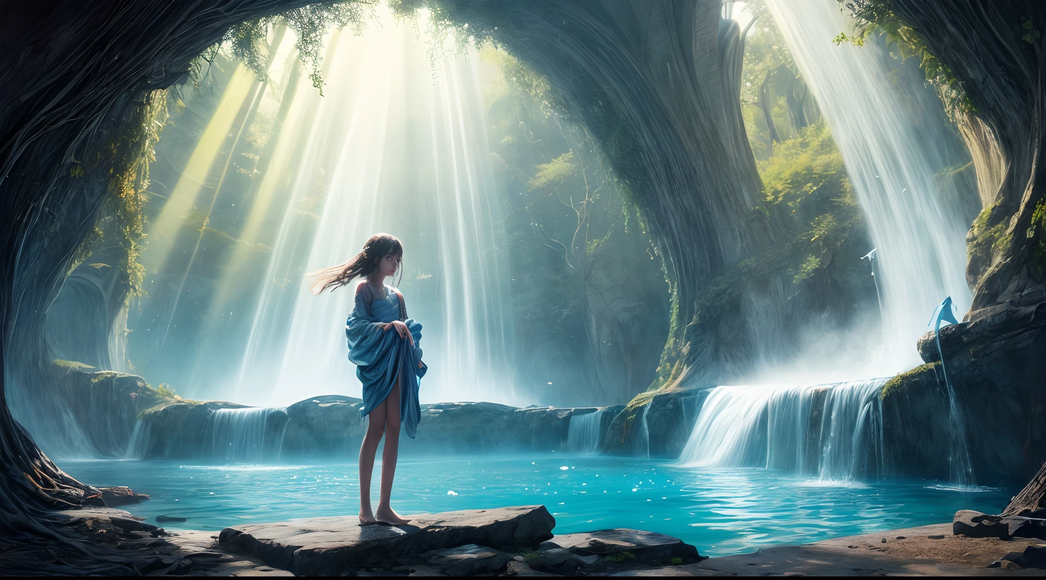 Painting: An enchanting artwork portraying a girl wearing silk, standing at the edge of a mystical pool, surrounded by swirling enchantments, with the distant planet casting an ethereal light upon her.
