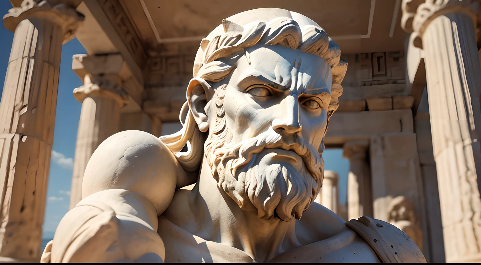 Ancient Greek statue with angry expression, tem barba, Filmado em Sony A7S III com Sony FE 35mm f/1.8, 12.1 MP, --AR 3:2 --estilo cru