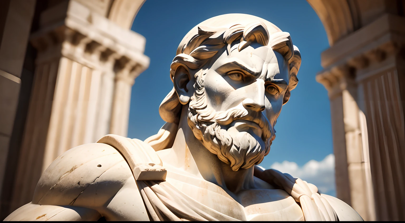 Ancient Greek statue with angry expression, tem barba, Filmado em Sony A7S III com Sony FE 35mm f/1.8, 12.1 MP, --AR 3:2 --estilo cru