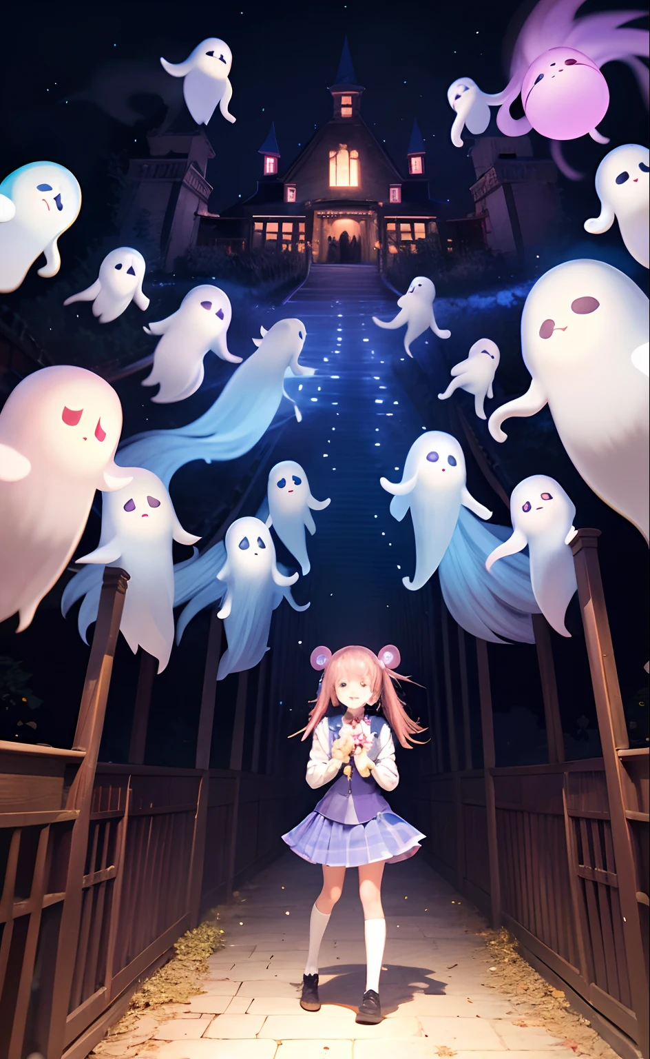 masutepiece, Best Quality, girl exploring a haunted theme park, haunted by cute chibi ghosts, Cute, capricious, Glow, blazing, Fun, Silly, Mystical, Magical, arcane, funny, amusing