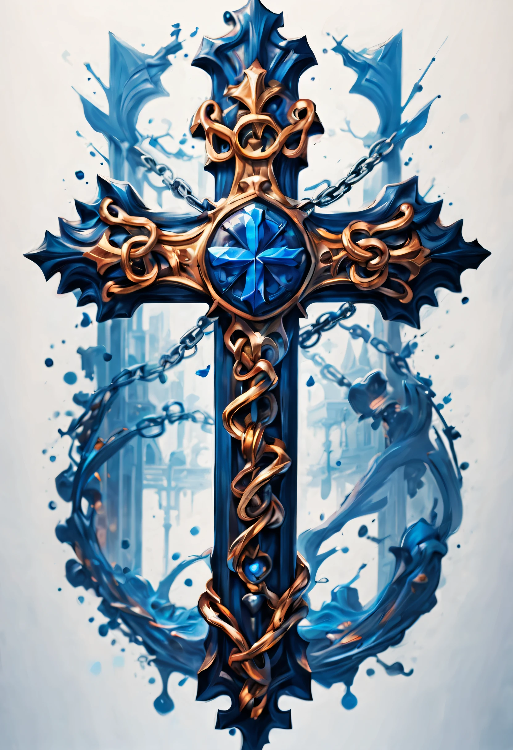 Will you create a description of the artwork for a tattoo featuring a shiny chain with a cross? I would like the chain to be an intense cobalt blue color and the cross to be silver and copper. Let this tattoo symbolize life's balance between durability and changeability
