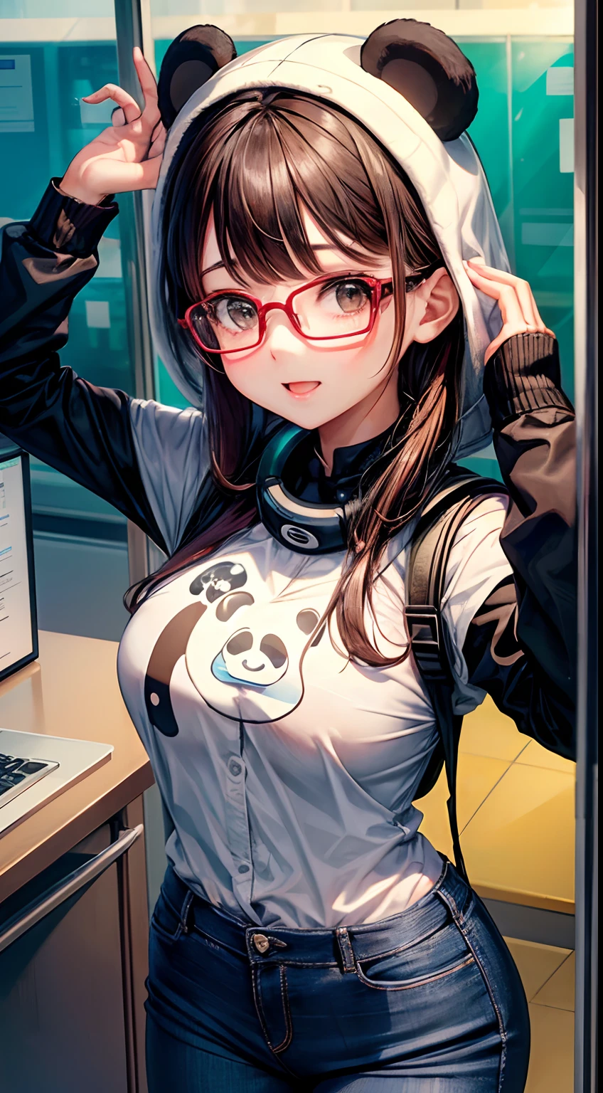 a cute girl wearing a panda skin, wearing glass , at office before laptop, low girl