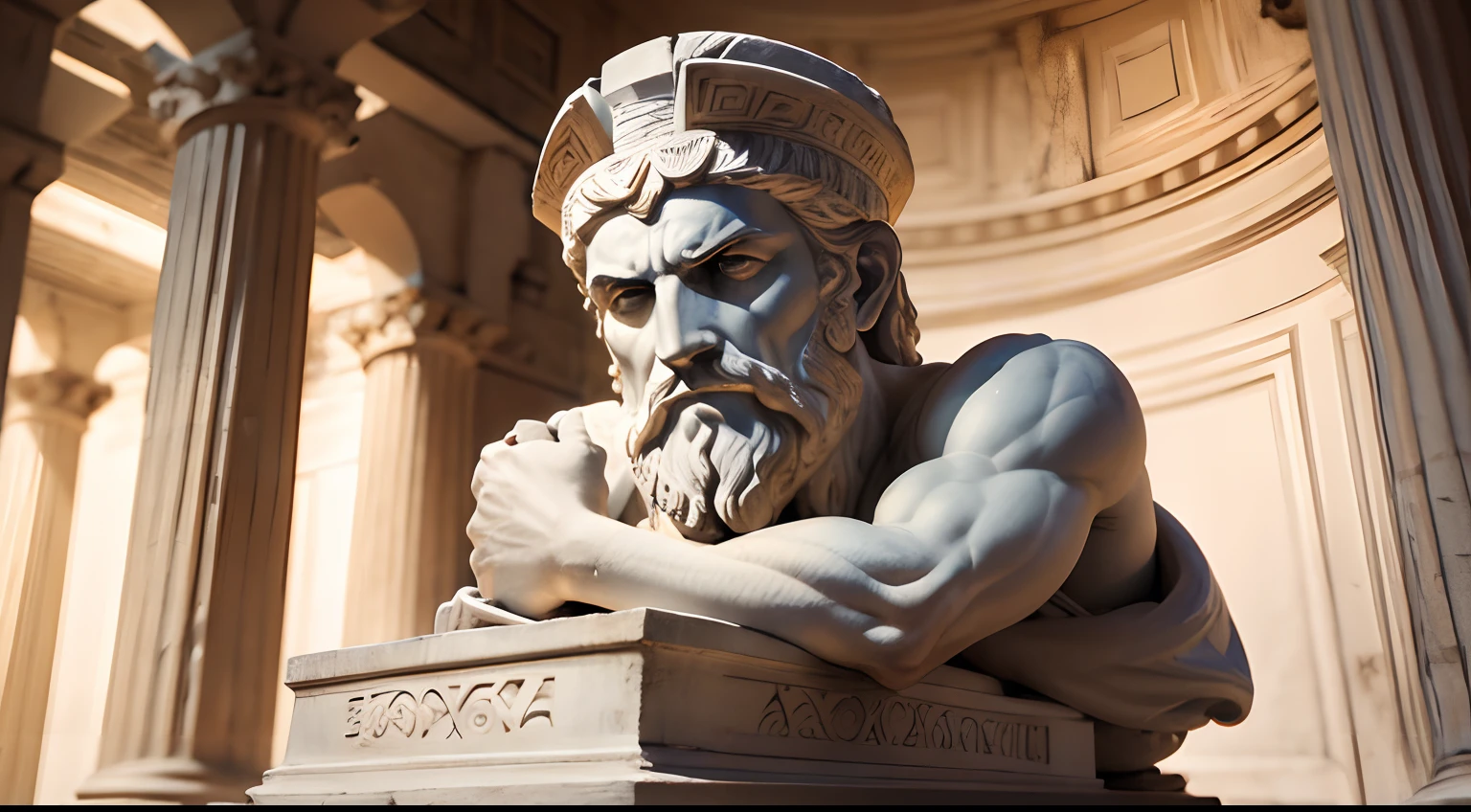 Ancient Greek statue with angry expression, tem barba, Filmado em Sony A7S III com Sony FE 35mm f/1.8, 12.1 MP, --AR 3:2 --estilo cru