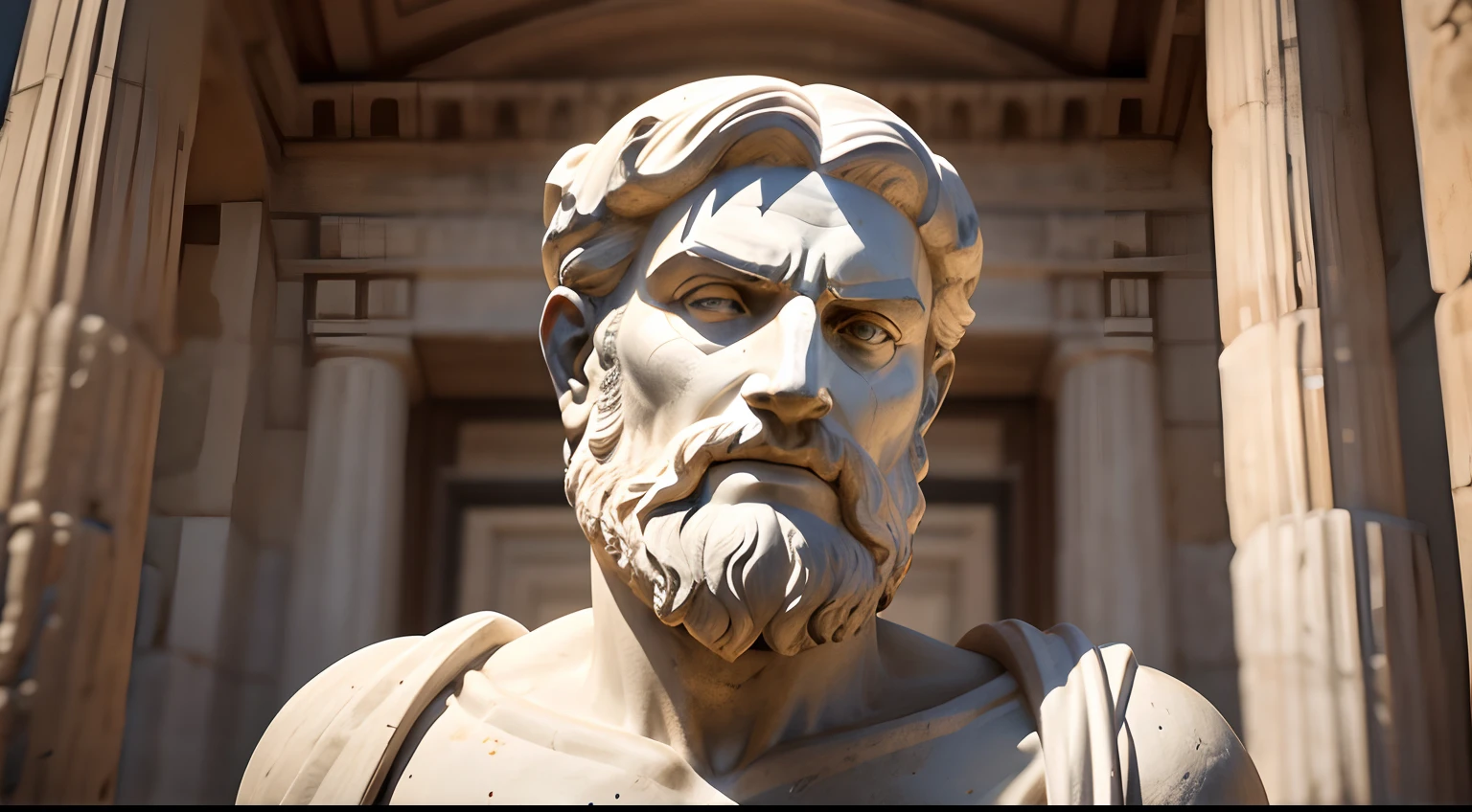 Ancient Greek statue with angry expression, tem barba, Filmado em Sony A7S III com Sony FE 35mm f/1.8, 12.1 MP, --AR 3:2 --estilo cru