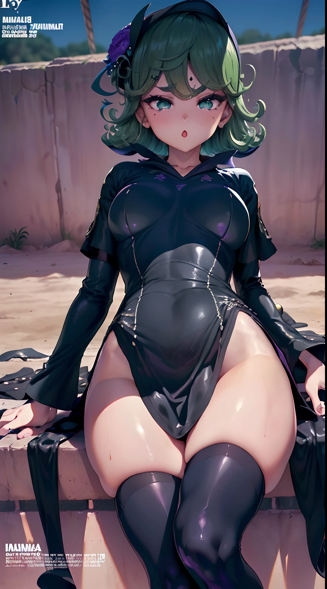 (La mejor calidad, 8k, 12), 1  chica, Tatsumaki, Pelo corto, cabello verde, tiny breast, El cuerpo perfecto, Cara ultra detallada, Labios detallados, ojos delgados, vestido negro, Standingn, tentador, excitado, areolas convexas, en celo, Milf, vapor, sexo, tembloroso, , Mirando hacia arriba, desde directamente arriba, Ahegao, espermatozoides en la cara, Wet,(Portada de la revista:1.8)、((desde abajo:1.2))、(Ponte en cuclillas y muestra tu entrepierna)、(dynamic pose:1.1), Pretty 1girl, highest qualityr、The Ultra-High Definition、high resolusion、extremadamente detalles CG、Fondos de pantalla de la unidad 8k、、hermosos ojos detallados,Pelo de coleta、(((enfermera, Enfermera negra, Gorra de enfermera, desgaste negro, Legwear negro, Guantes negros de codo、Purple satin panties、 Good purple satin、Microfalda negra)))、(un cuerpo mojado:1.4)、(cuerpo brillante,:1.6)、 sonrojarse, sudar,be shy、(Ahegao:1.5)、(Saca la lengua y babea)、rubor rojo、lleno de timidez,(nsfw)
