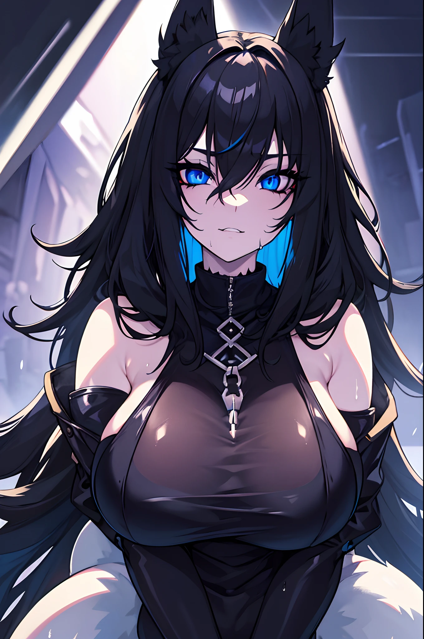 Furry art, goth wolf furry woman with a thick build, human face, shiny skin, sweat on skin, micro bikini, blue eyes, long messy black emo hair, thick thighs, low hanging boobs, in 8K resolution, with dynamic lighting and highly detailed face and eyes.
