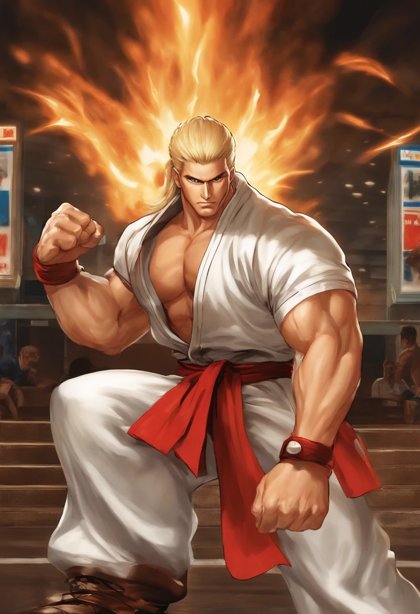 Arte de anime do jogo Fatal Fury, Andy Bogard, Fatal Fury, magro, loiro, cabelo liso e bem grande (um metro de cabelo), white pant, camisa preta, Red flame print on pants, ataca com seu ataque chamado "Hishou Ken, He launches a blue crescent-shaped projectile with his fists, (ataque que se parece com o Hadouken), that travels in a straight line up to a certain distance.. background ringue de Luta Livre com pessoas assistindo