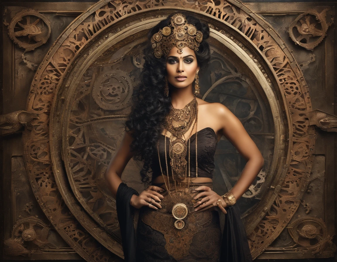 Beautiful Indian woman wearing sari, niedlich, sexy, splendid, Dorfhütte, Ambiente-Beleuchtung, symmetrical surface, gewelltes Haar, 8K, Meisterwerk