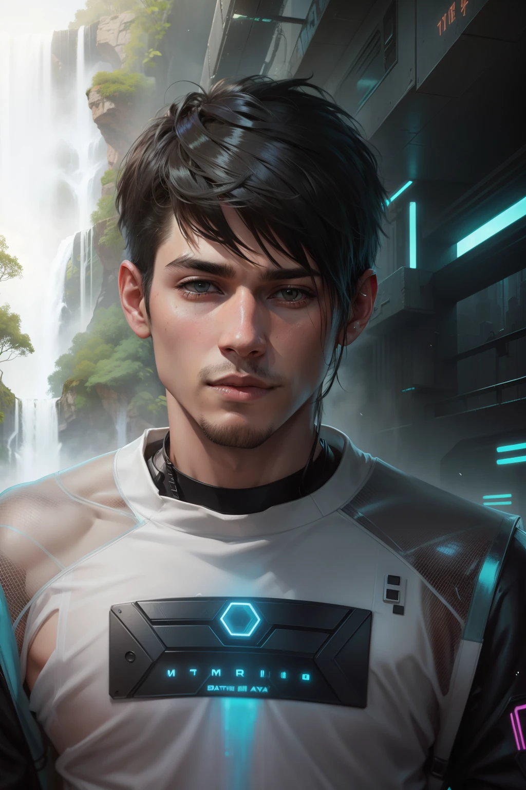 waterfall background, cyberpunk realistic cute boy