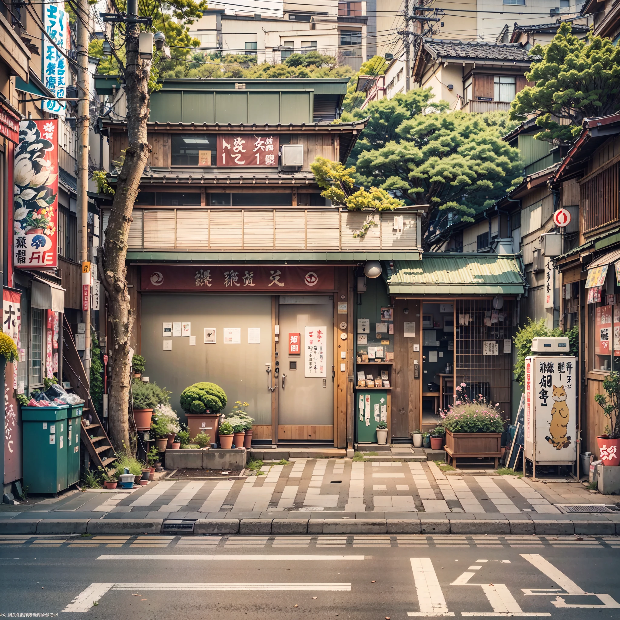 anime background, anime wallpaper, anime, anime style, anime aesthetic, compact urban japanese alley, modern japanese coffee shop, golden lighting coming out of coffee shop window, narrow pathway, plant pots, trees, rocks, trash cans, gutters, pipes, telephone wires, air vents, air ventilation systems, japanese banners, japanese shop signs, japanese billboard, no one in sight, no people, empty street, (no one: 1), best quality, mid day, modern japan architecture, tokyo,