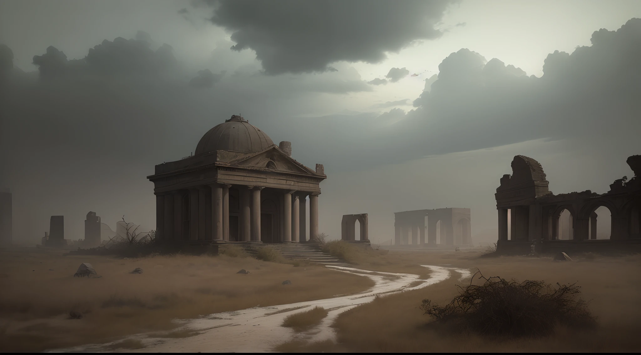 (best quality,4k,8k,highres,masterpiece:1.2),ultra-detailed,(realistic,photorealistic,photo-realistic:1.37),portrait,ancient times,dead bodies,historical scenery,deserted biblical setting,shadows and sunlight streaming through clouds,discolored and worn-out clothing,emotionless expressions,decaying skin and bones,dark atmosphere,mysterious and eerie ambiance,retro sepia tones,dramatic lighting,abandoned ruins,haunting and silent,lonely and desolate,overgrown vegetation,vivid contrast between life and death,bleak and desolated landscape,ancient architectural elements,remnants of a forgotten civilization,lost souls,quiet and somber,whispering winds and distant echoes.