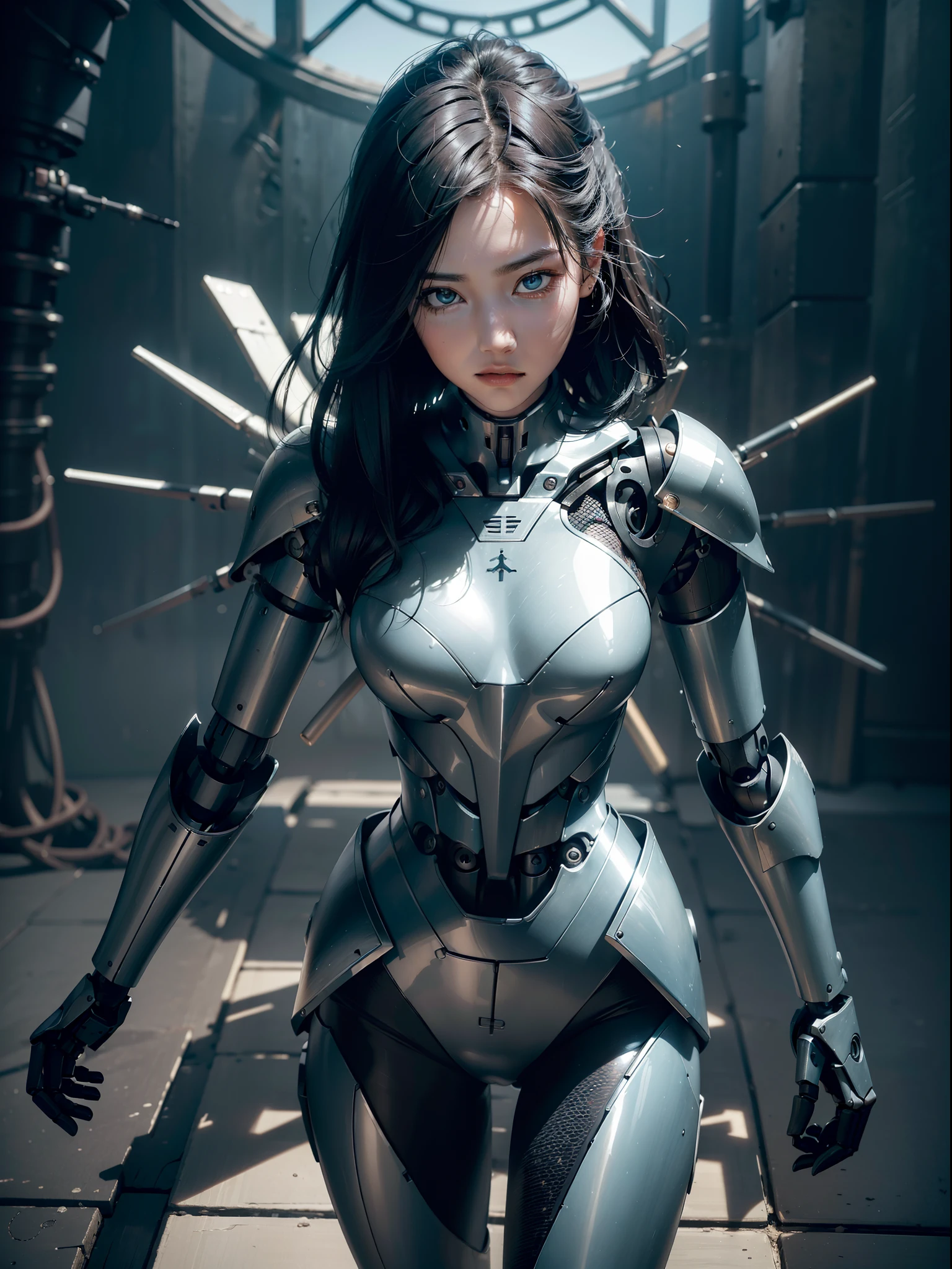 zhongfenghua, (RAW photo, best quality), (realistic, photo-realistic:1.3), extremely delicate and beautiful, Amazing, finely detail, masterpiece, ultra-detailed, highres,best illustration, best shadow,intricate,depth of field,(dramatic lighting:1.4),(from above:1.2),sharp focus, volumetric fog, 8k UHD, DSLR, high quality,( film grain:1.4), Fujifilm XT3,full body,A beautiful young woman wearing black trench coat, half human half robot face, ((1 robot,1 robot,Mechanical costalis,Mechanical spine))|Monotonous metallic color,Metal has no color, robot no color,robot girl,metallic mixture,cyborg girl)),looking at viewer, facing front, fighting stance
(Cable:1.2),(Transmission tube:1.2),(Machine eye:1.3),((Mechanical part connection)),((both arms)|(complex mechanical component:1.2~1.6)),((costalis)|(robot joints:1.2~1.6)), ,streamlinerai mecha,(lightsaber),earth,milky_way,starry,water,((armor)),water,wave