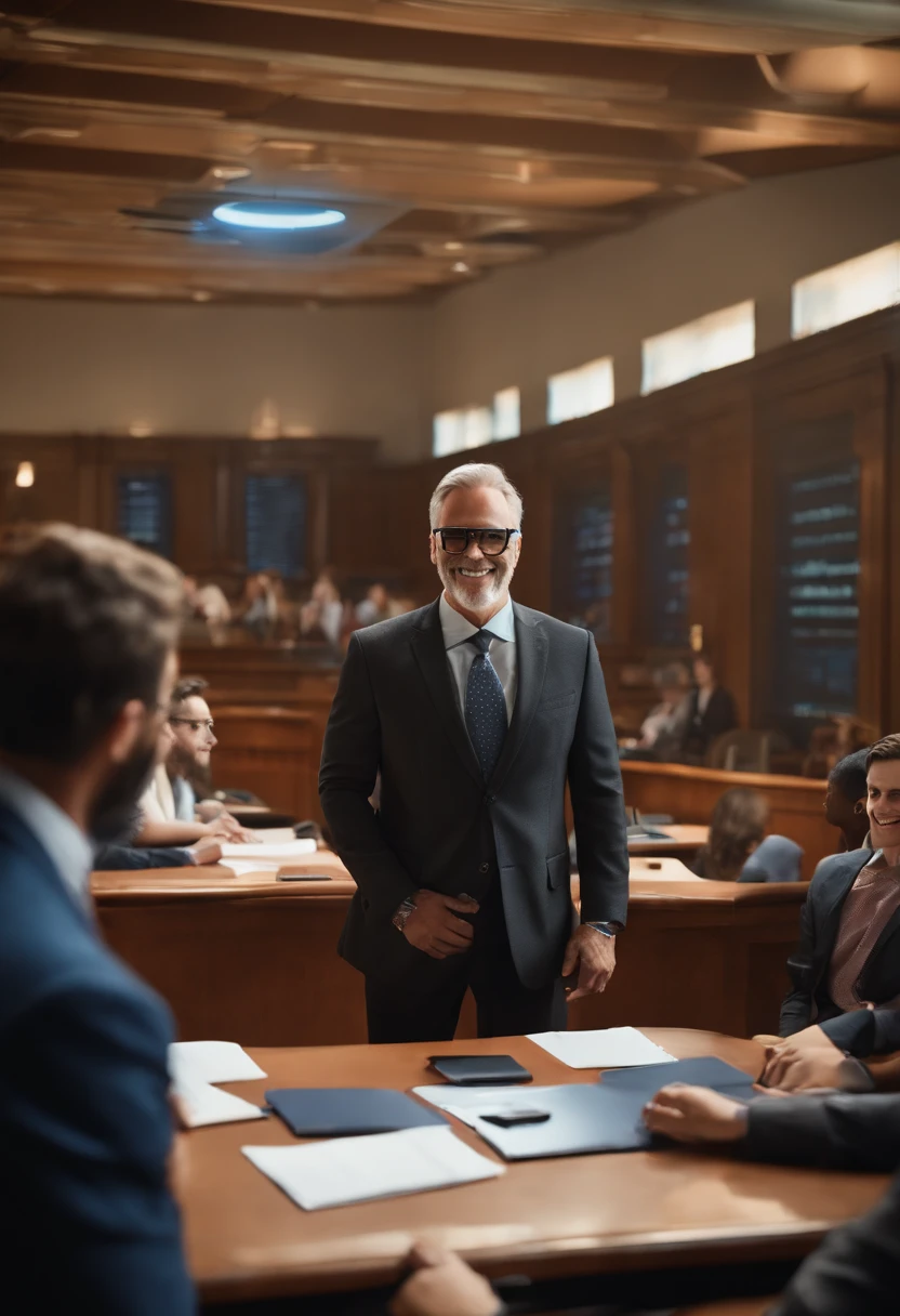 Professor (middle-aged man, wearing formal suit, austere and smiling) in a college legal room showing a group of students using modern virtual vision glasses what the future of the legal profession will be like. Background with high-tech elements and symbols of justice in futuristic and colorful formats.