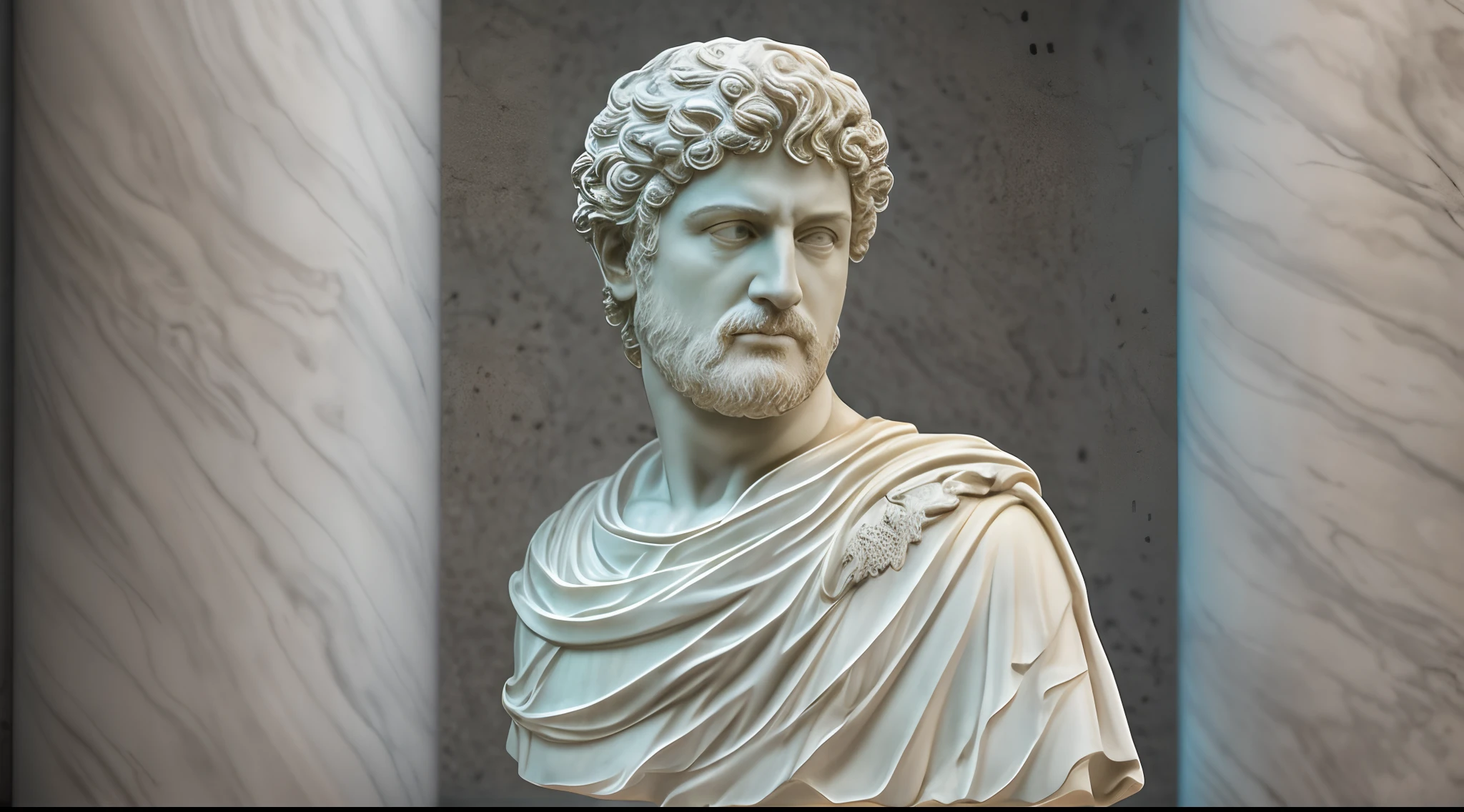 A realistic bust in white Greek marble statue of Marco Aurelio wearing a ghostly toga, neutral background, morose, stoic, photoreallistic, cinematic scene, super detailed, hyper realistic, lights, 8 km, couleur un peu dark