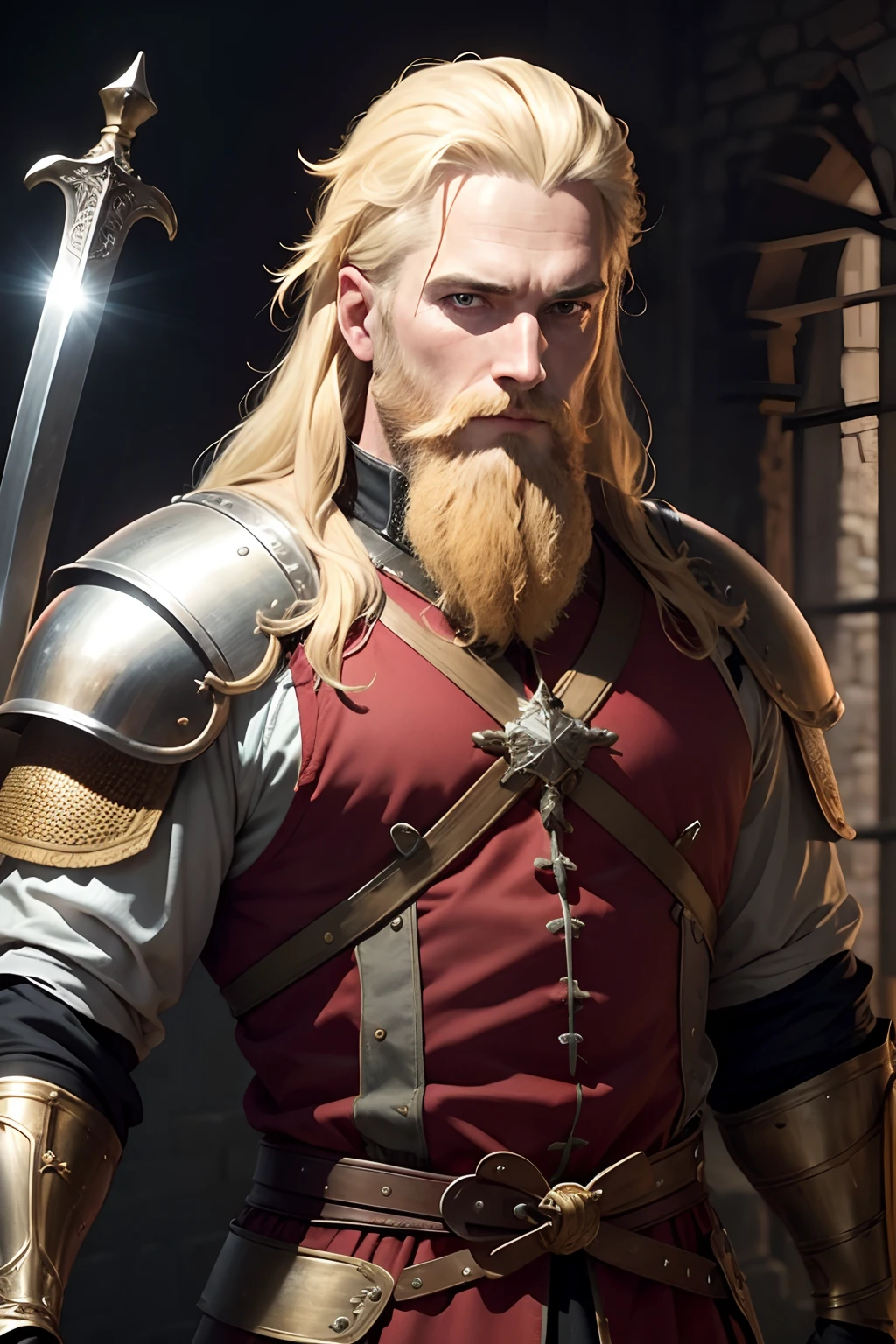 a 40-year-old man with blond hair and a blond beard wearing red medieval armor and a sword in his hand