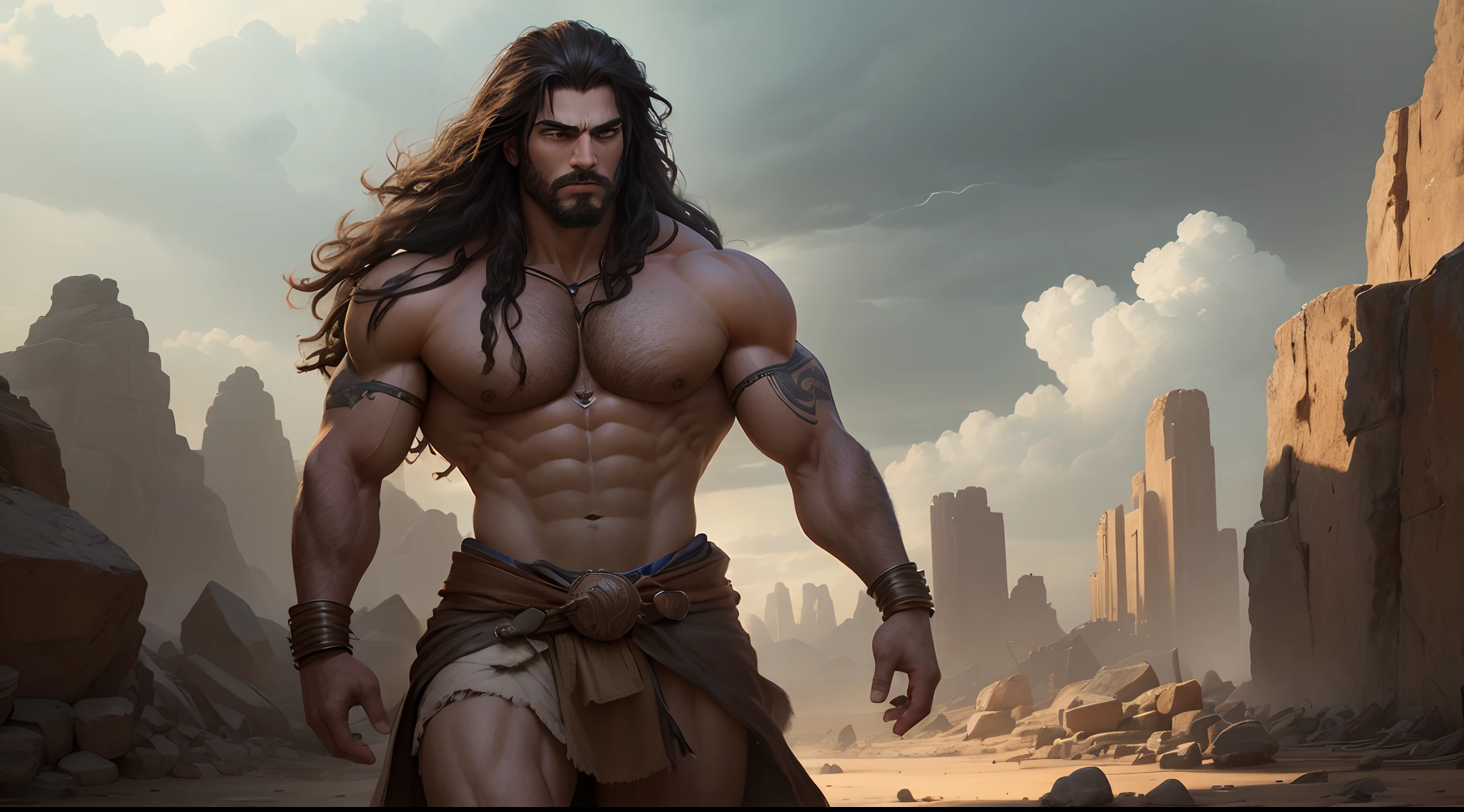 The scene depicts a powerful biblical figure called Samson. (best quality, ultra-detailed, realistic:1.37), vibrant colors, dramatic lighting, oil painting, ancient texture. Samson is shown as a muscular man with long hair, wearing a torn tunic and holding the jawbone of a donkey. The atmosphere is set in a desert landscape with rocky formations, a glimpse of a ruined temple in the distance, and a stormy sky with lightning bolts. The emphasis is on capturing Samson's intense facial expression, showing determination and strength. His eyes are sharp and focused, and his lips are parted, conveying his fierceness. The painting style is inspired by Renaissance portraits, with attention to details such as skin texture, facial hair, and flowing locks of hair, which are illuminated by the dramatic light. The color palette consists of rich earth tones, giving the painting a warm and rustic feel. The lighting creates deep shadows and highlights, emphasizing the character's muscular physique and creating a sense of dynamism. The overall composition draws the viewer's attention to Samson and his powerful presence, while the natural elements and ruins in the background add depth and context to the scene.